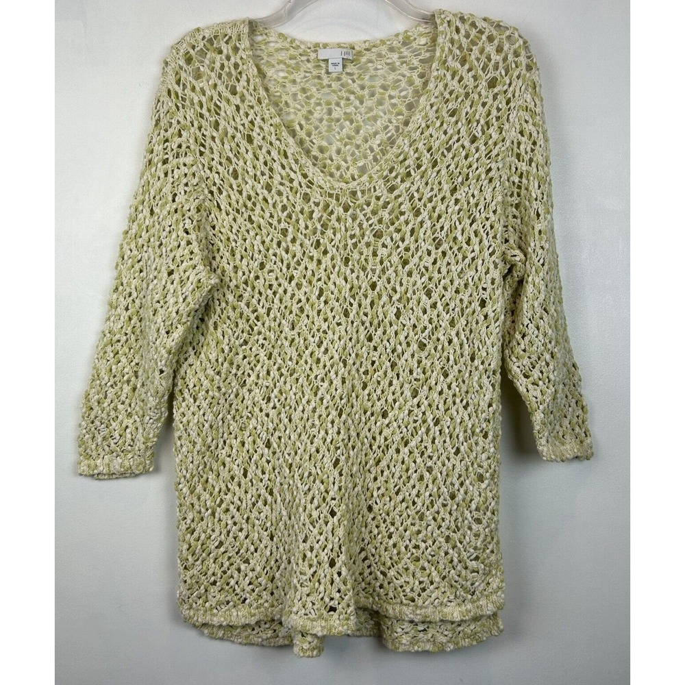 J Jill Sweater Womans L Tunic Open Weave Green Lagenlook 3/4 Sleeve V Neck